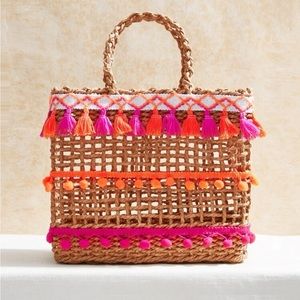 SHEIN VCAY Pom Pom & Tassel Decor Straw Bag
